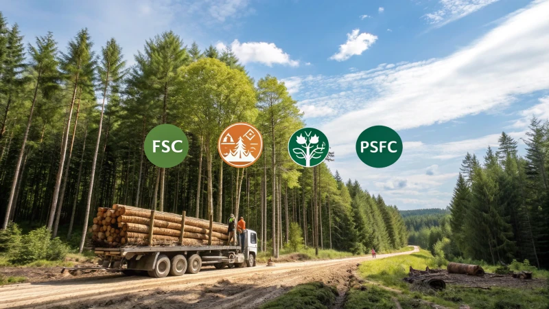 Infographic depicting a sustainable wood supply chain with healthy forest, certifications, transportation, and responsible sourcing activities.