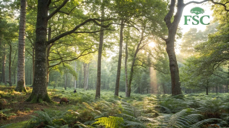 A photorealistic forest scene with diverse trees and sunlight filtering through the canopy