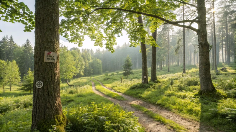 A serene forest with marked trees for logging and sunlight filtering through leaves.