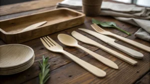 Photorealistic image of wooden cutlery on a rustic table