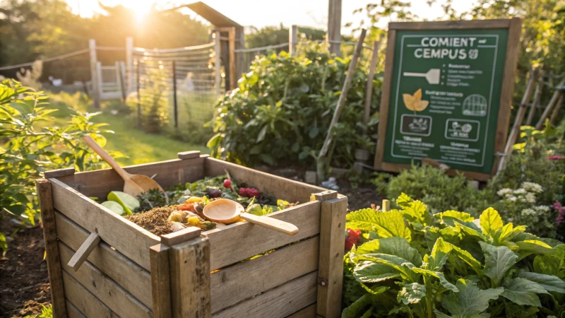 A compost bin filled with organic waste in a sunny garden