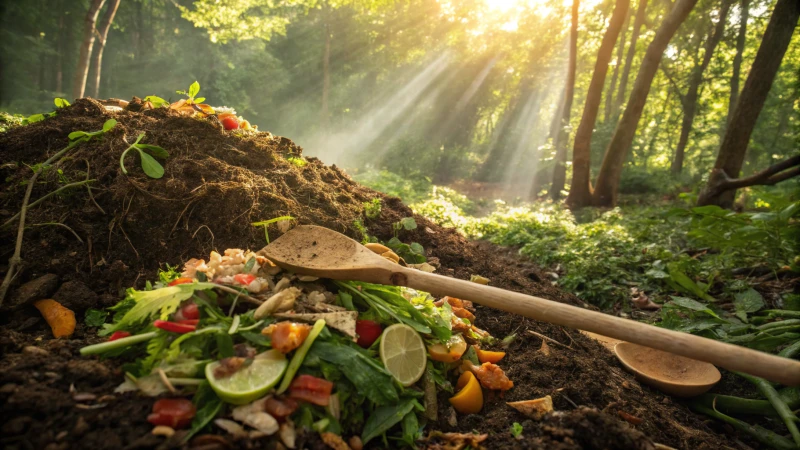 A vibrant compost pile with wooden cutlery