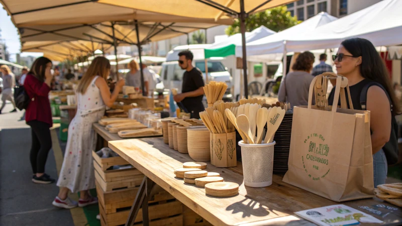 A bustling marketplace showcasing eco-friendly products