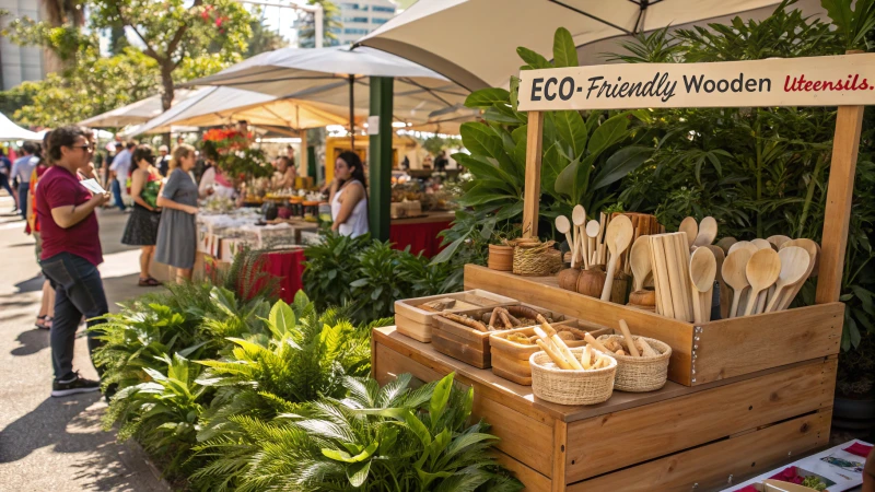 A bustling outdoor market stall featuring wooden cutlery with diverse customers browsing.