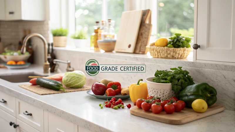 A bright kitchen with labeled food-grade materials and fresh ingredients