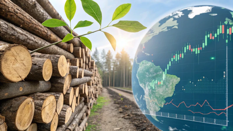 A detailed collage illustrating wood prices dynamics with a lumber yard, stock market graph, and environmental symbols.