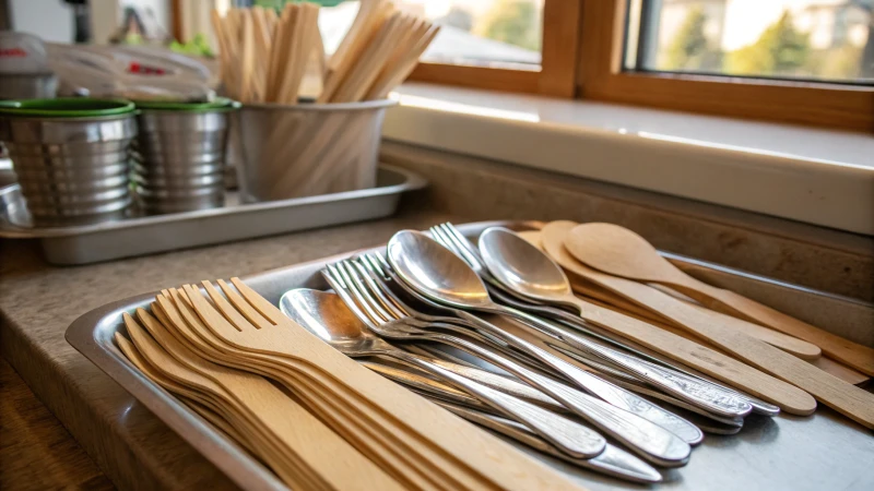 Close-up of wooden and metal cutlery on a kitchen counter