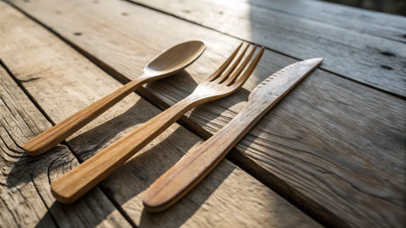 Wooden and plastic forks and knives on a rustic wooden table