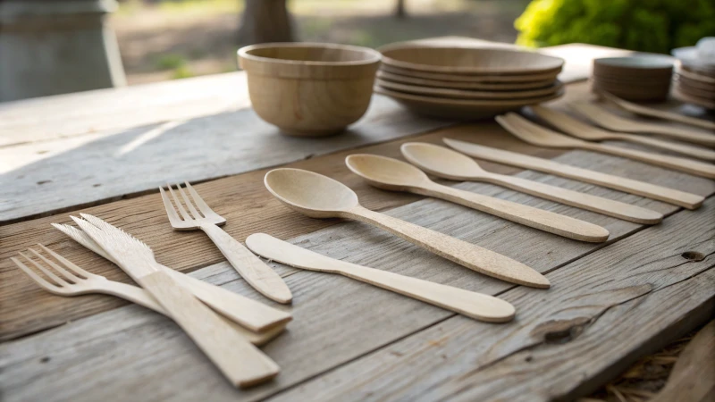An arrangement of wooden cutlery on a wooden table