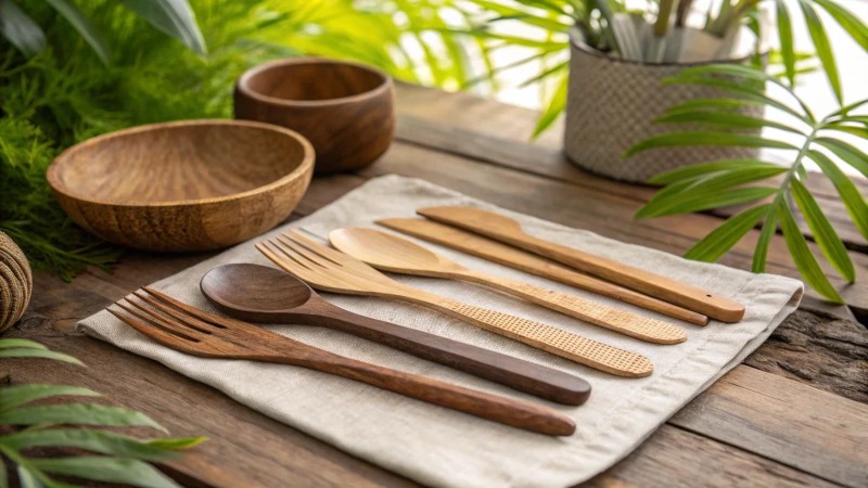 Photorealistic wooden cutlery on a wooden table