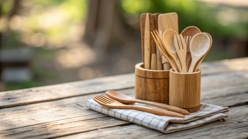 A set of wooden cutlery on a rustic table