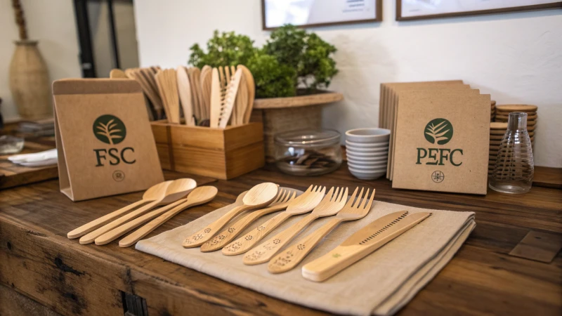 A collection of wooden cutlery on a rustic table