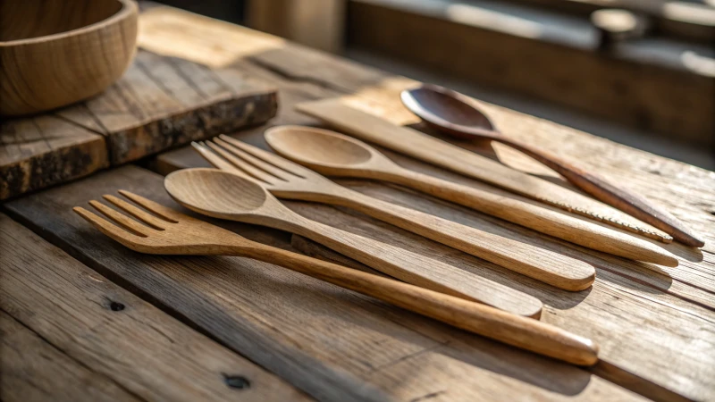 Aesthetic arrangement of wooden cutlery on a rustic surface.