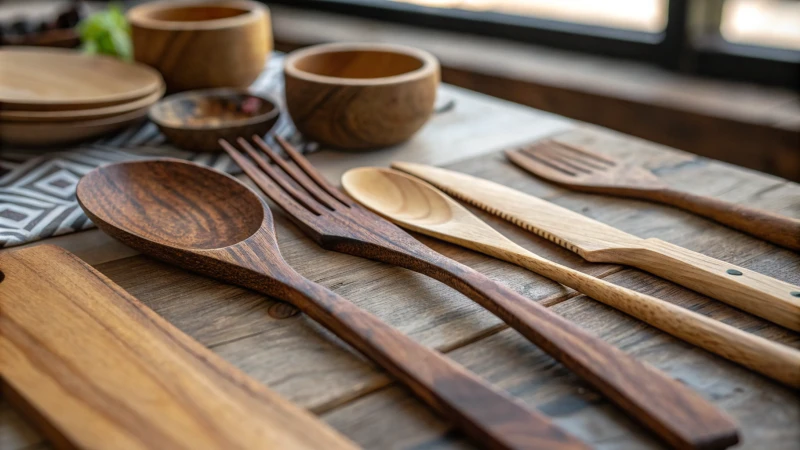 An arrangement of wooden cutlery on a rustic table