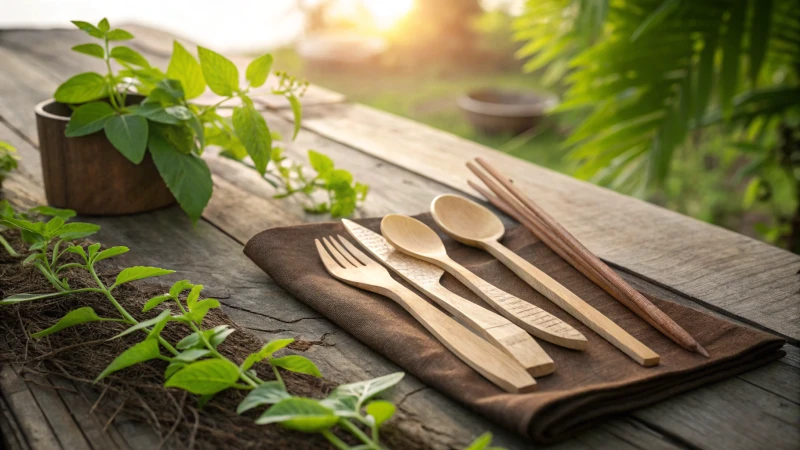 A set of wooden cutlery on a rustic table surrounded by green plants