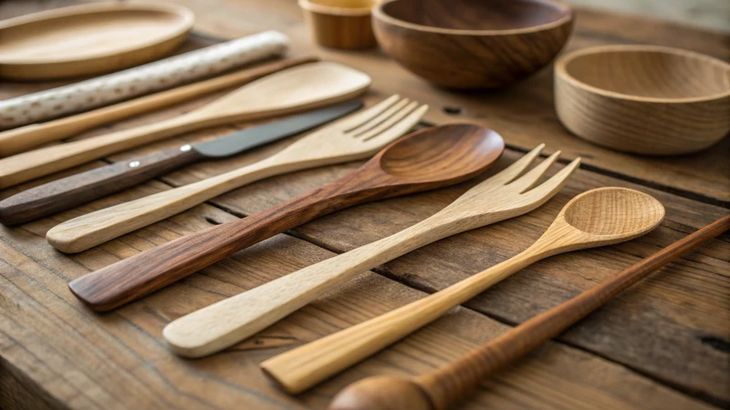 A collection of wooden cutlery on a rustic table