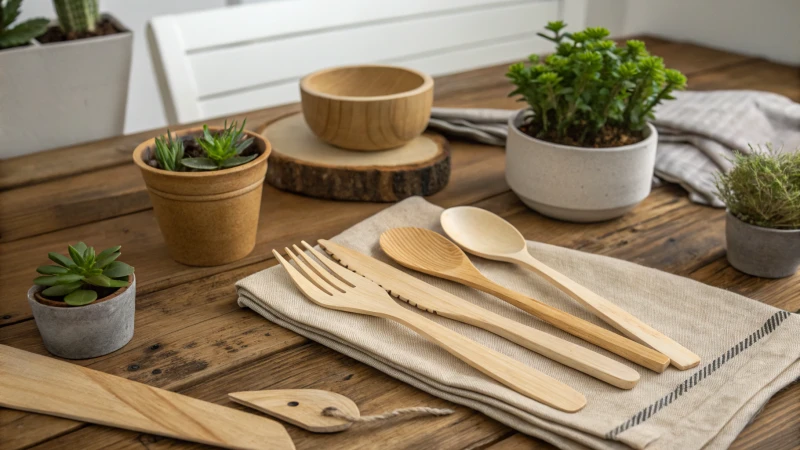 Photorealistic wooden cutlery arrangement on a rustic table