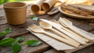 Close-up of assorted wooden cutlery on a rustic table