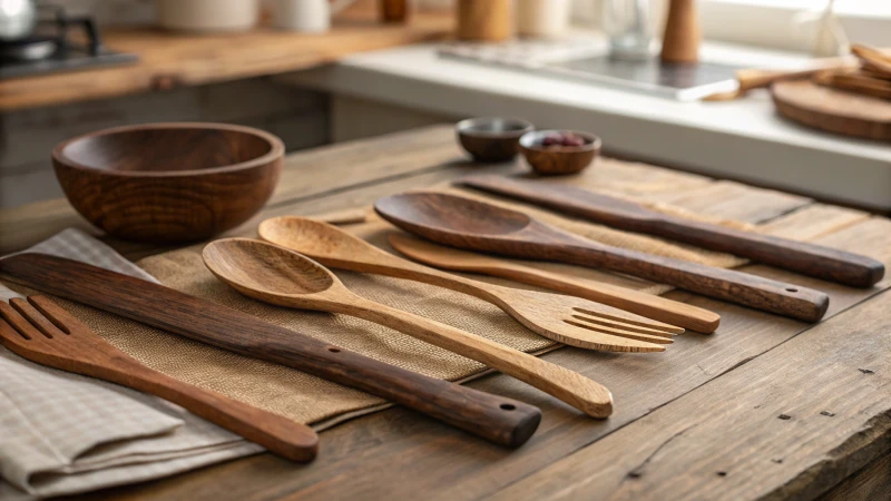 Assorted wooden cutlery on a rustic table