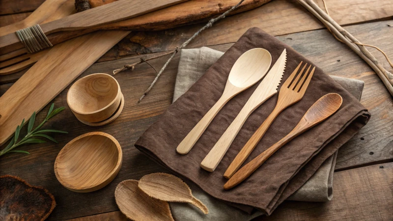 An assortment of wooden cutlery on a rustic table