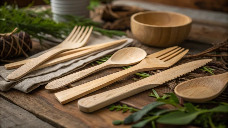 Assorted wooden cutlery on a rustic table