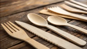 Close-up of assorted wooden cutlery on a rustic table