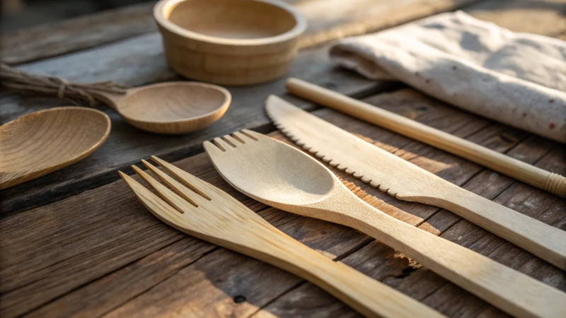 Close-up of wooden cutlery on a rustic table