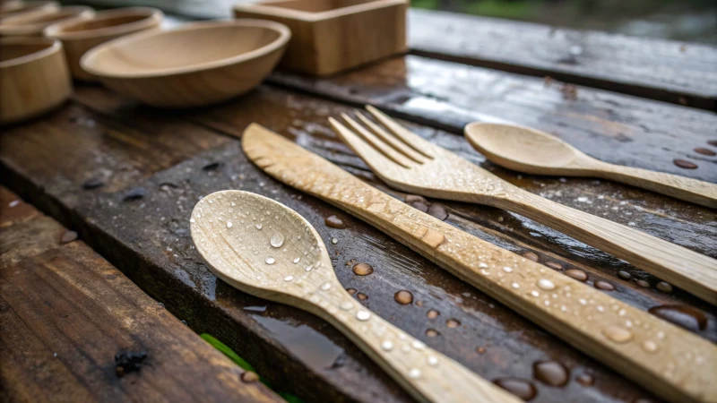 Close-up of wooden cutlery on a rustic table