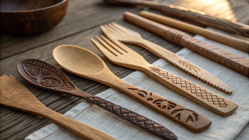 Close-up view of wooden cutlery on a wooden table