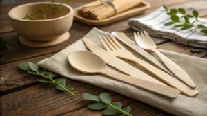 Close-up of wooden cutlery on a rustic table