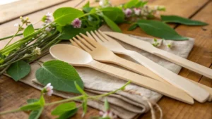 Close-up of disposable wooden cutlery on a rustic table