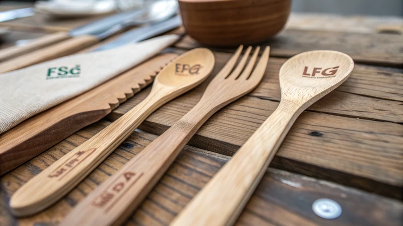 Close-up of wooden cutlery on a rustic table