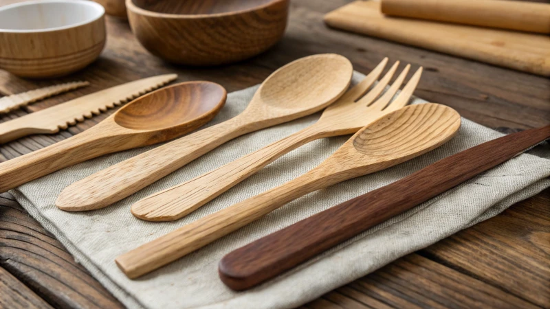 Close-up of assorted wooden cutlery on a rustic table