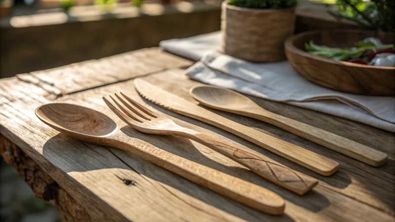 Elegant display of wooden cutlery on a rustic table