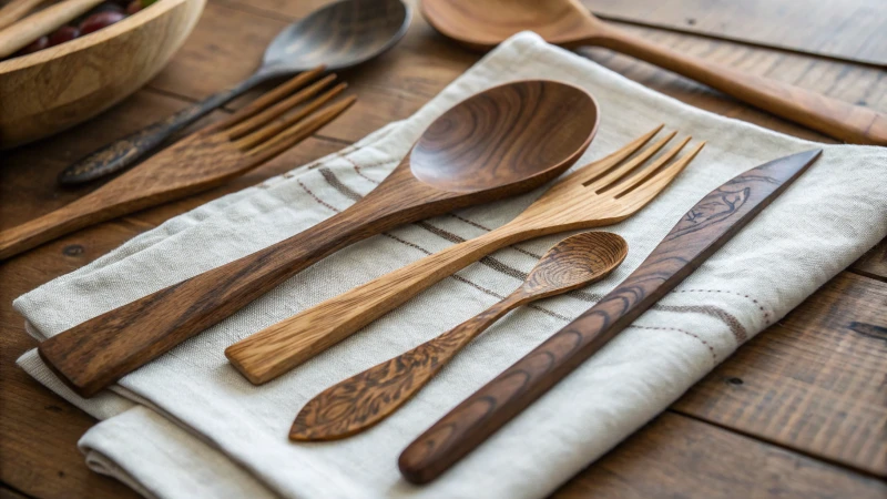 Close-up of wooden cutlery on a rustic surface