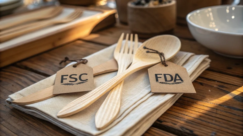 Close-up of wooden cutlery on a rustic table