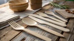 Collection of wooden cutlery on a rustic table