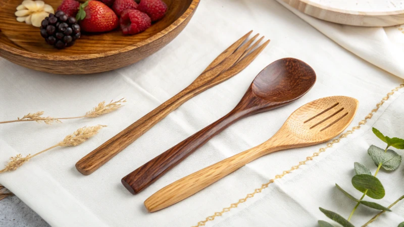 A comparison of traditional and modern wooden cutlery on a white tablecloth