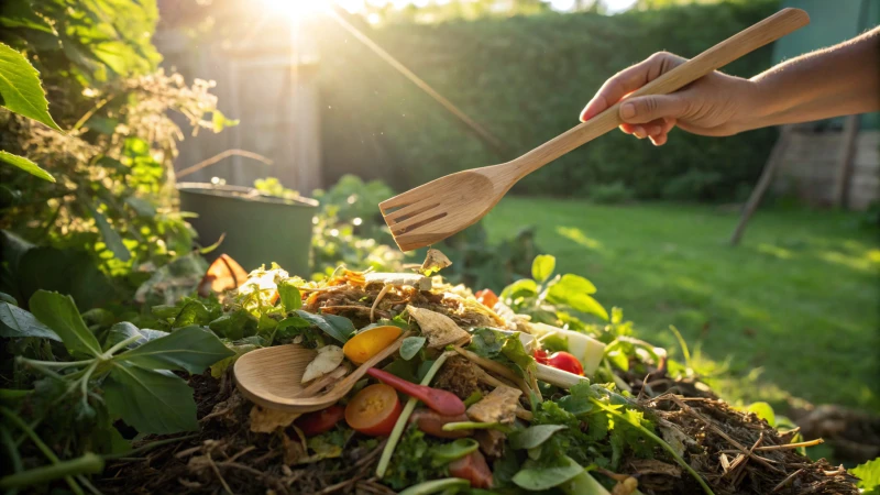 A hand holding wooden cutlery above a green compost pile in a garden.