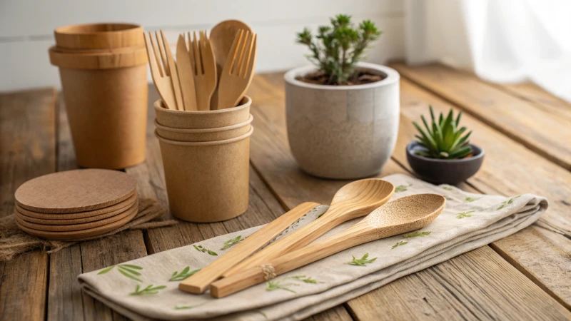 Beautifully arranged wooden cutlery on a rustic table