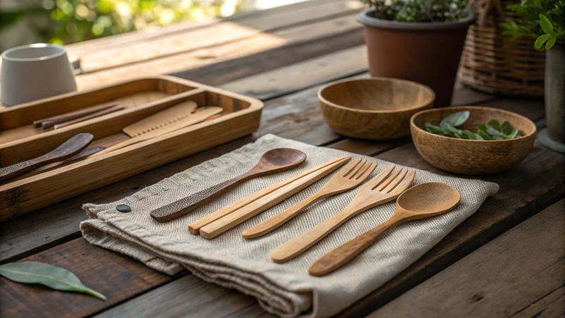 Display of wooden cutlery on a rustic table