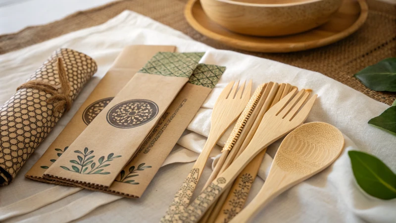 Display of wooden cutlery with eco-friendly packaging