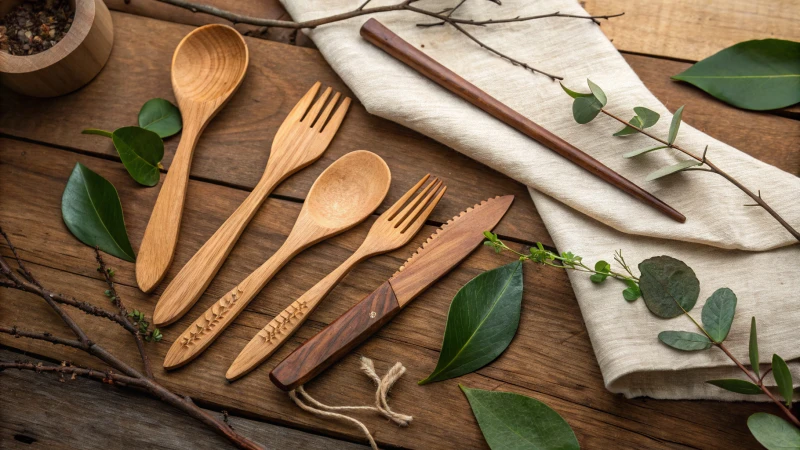 A variety of wooden cutlery on a rustic table