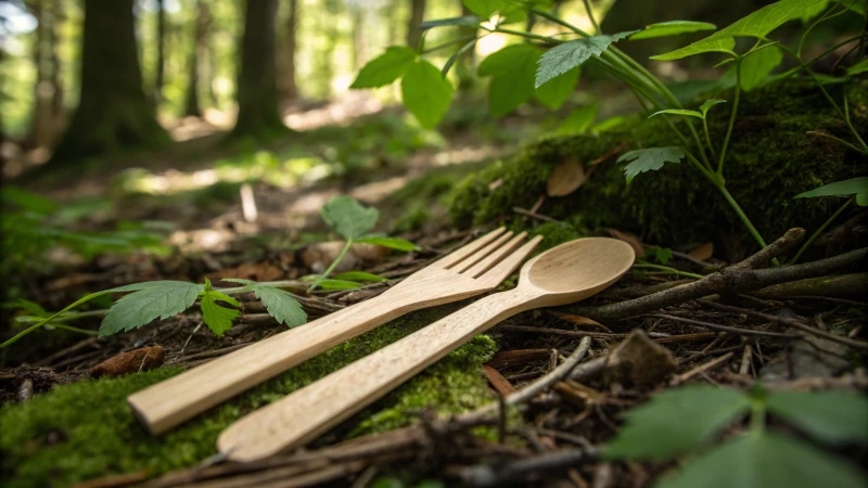 Disposable wooden cutlery on a forest floor