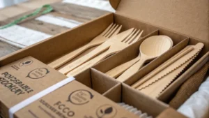 Close-up of disposable wooden cutlery in a cardboard box