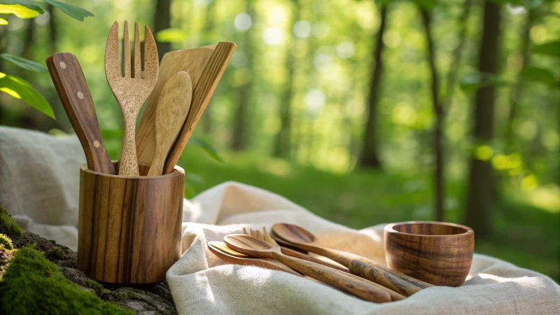 Elegant wooden cutlery displayed in a forest setting