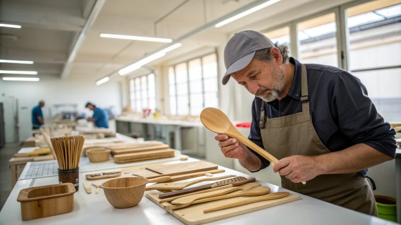 Quality control inspector examining a wooden spoon in a manufacturing facility