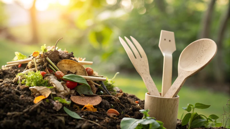 Wooden cutlery on a compost heap