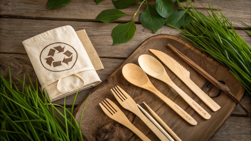 Wooden cutlery arranged on a rustic table with a recycling symbol in the background.