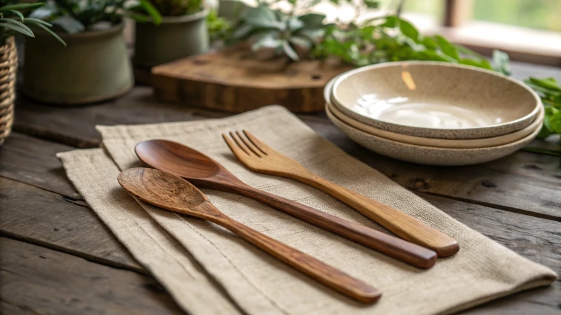 A set of wooden cutlery on a rustic table with a ceramic plate